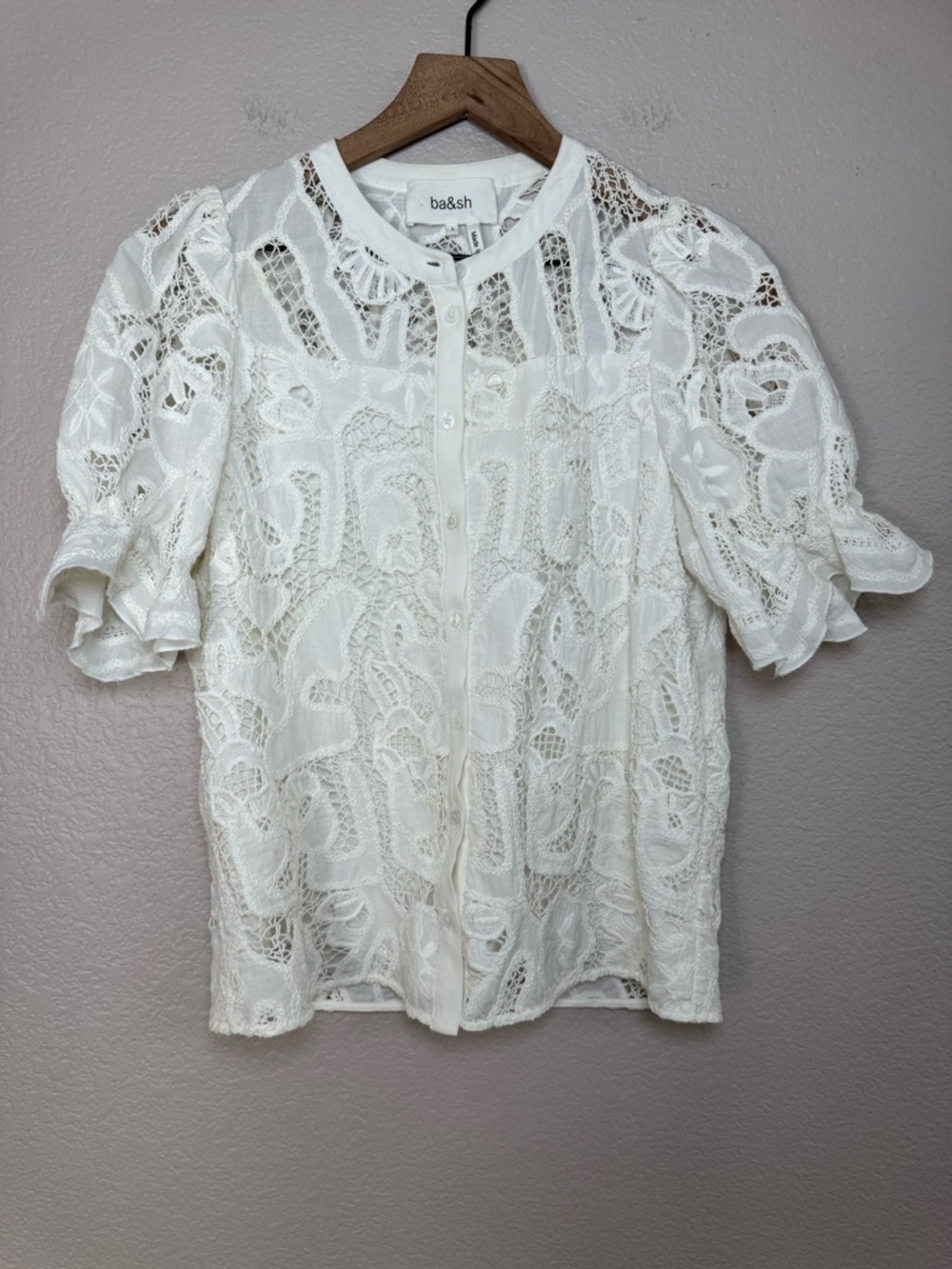 BA&SH Irkin Guipure Lace White Short Sleeve Button Down Blouse Small $230 - Picture 9 of 16